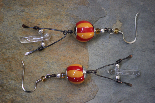 Red and Orange Striped Porcelain and Copper Dangle Earrings