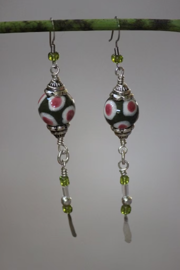 Pink and Green with White Polka Dot Porcelain Dangle Beaded Earrings
