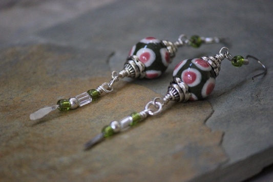 Pink and Green with White Polka Dot Porcelain Dangle Beaded Earrings