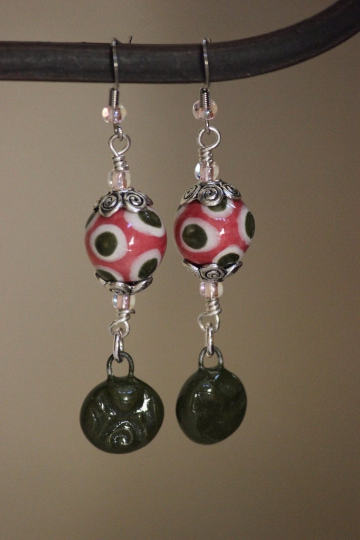 Pink and Green Spotted Porcelain Dangle Beaded Earrings