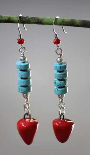 Hand Crafted Howlite Turquoise and Red Porcelain Beaded Drop Earrings