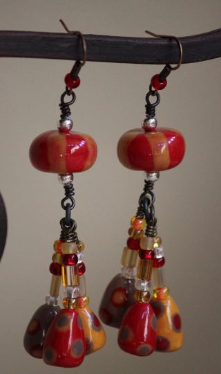 Multi Colored Striped Sphere and Polka Dotted Triangles Beaded Earrings