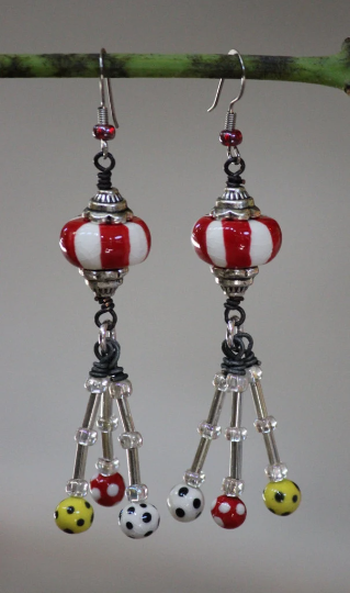 Red, White, Yellow, Black, Striped and Polka Dotted Spherical Porcelain Beaded Dangle Earrings