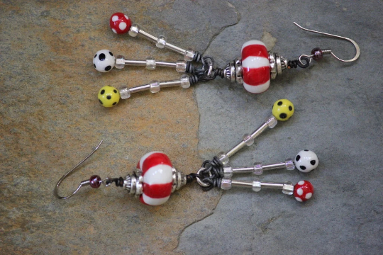 Red, White, Yellow, Black, Striped and Polka Dotted Spherical Porcelain Beaded Dangle Earrings