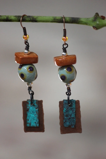Green, Tan and Copper Infused Polka Dot Sphere and Mixed Metal Dangle Earrings