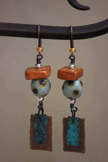 Green, Tan and Copper Infused Polka Dot Sphere and Mixed Metal Dangle Earrings