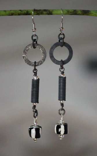 Black and White Striped Porcelain Bead and Copper Dangle Earrings