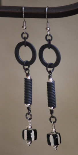 Black and White Striped Porcelain Bead and Copper Dangle Earrings