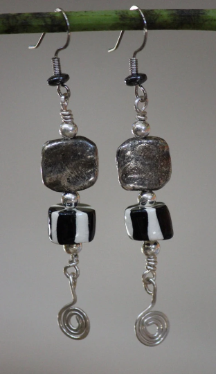 Black and White Striped Porcelain Bead and Mixed Metal Drop Earrings