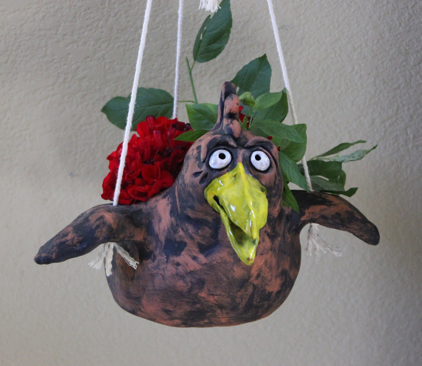 Wall or Ceiling Red Earthenware Flying Bird Planter, Home Decor and Macrame