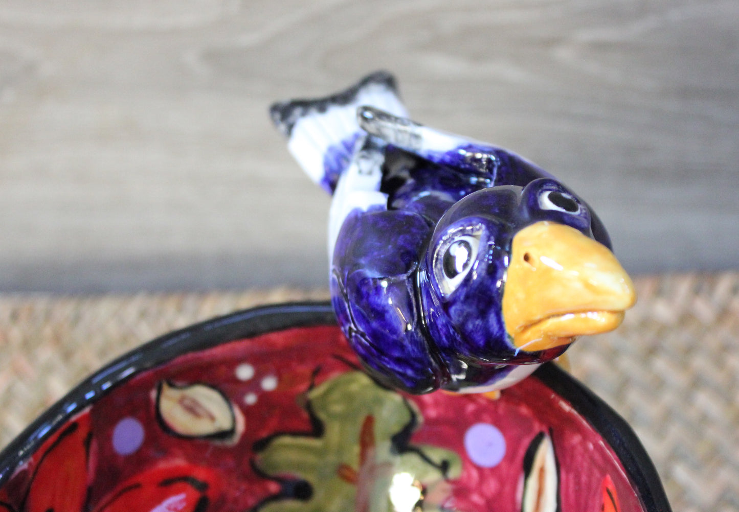 Ceramic Blue Bird Sculpture on Homemade Decorative Tabletop Knick Knack Bowl
