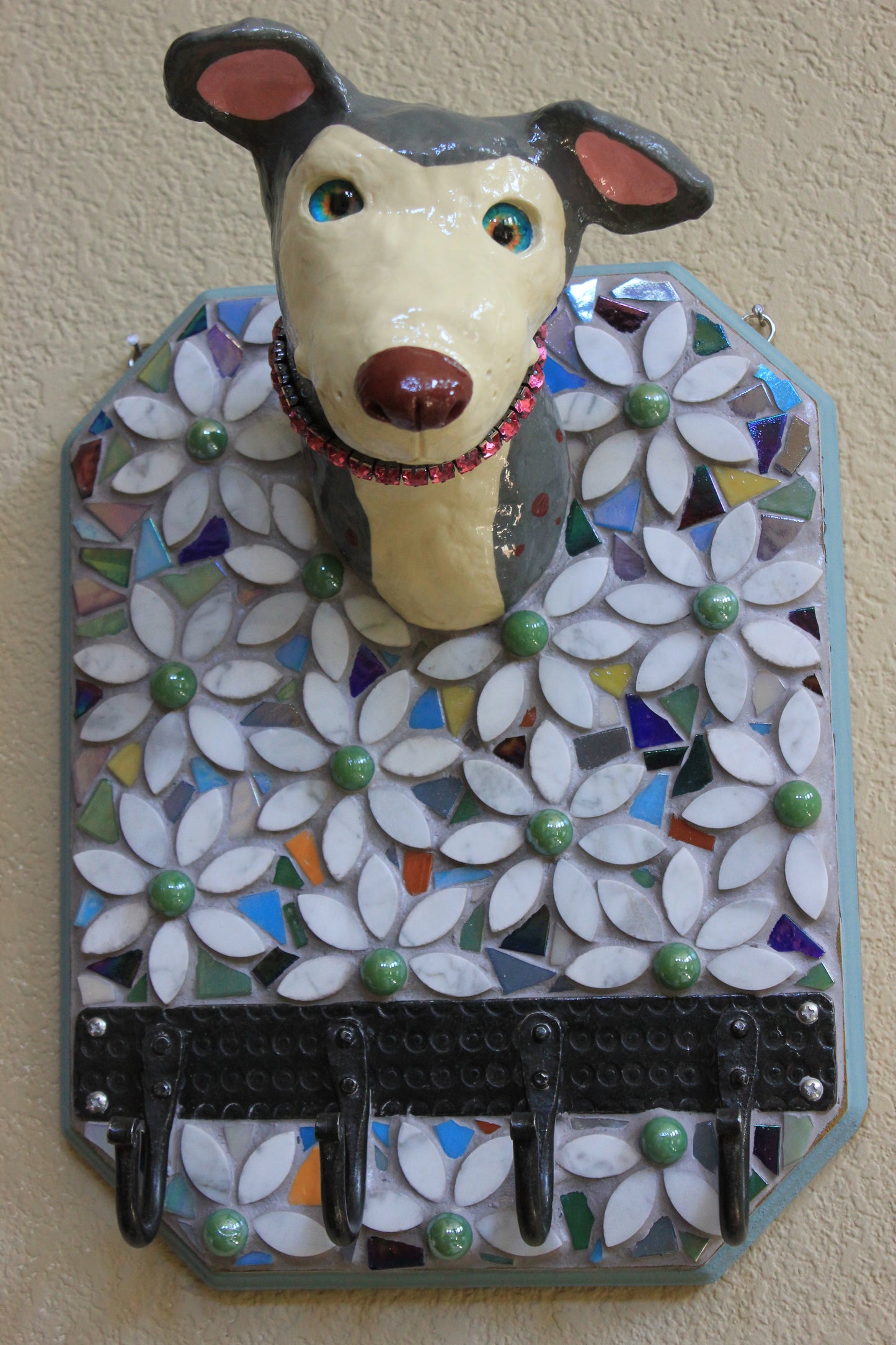 Ceramic Grey and White Dog Leash Holder and Flower Mosaic Wall Art
