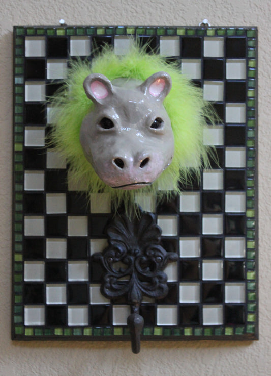 Mosaic Black & White Checkered Hippo Leash Holder and Wall Decoration