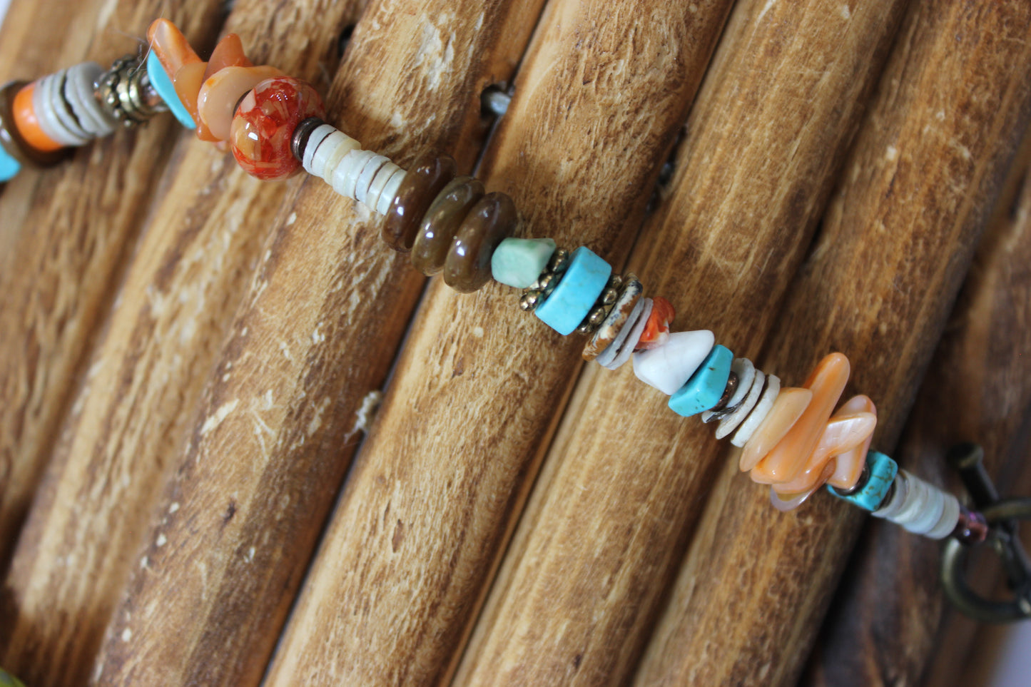 Green, Blue & Orange Porcelain and Shell Beaded Necklace