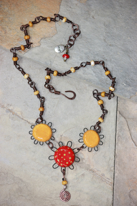 Copper and Porcelain Red and Yellow Flower Bud Necklace