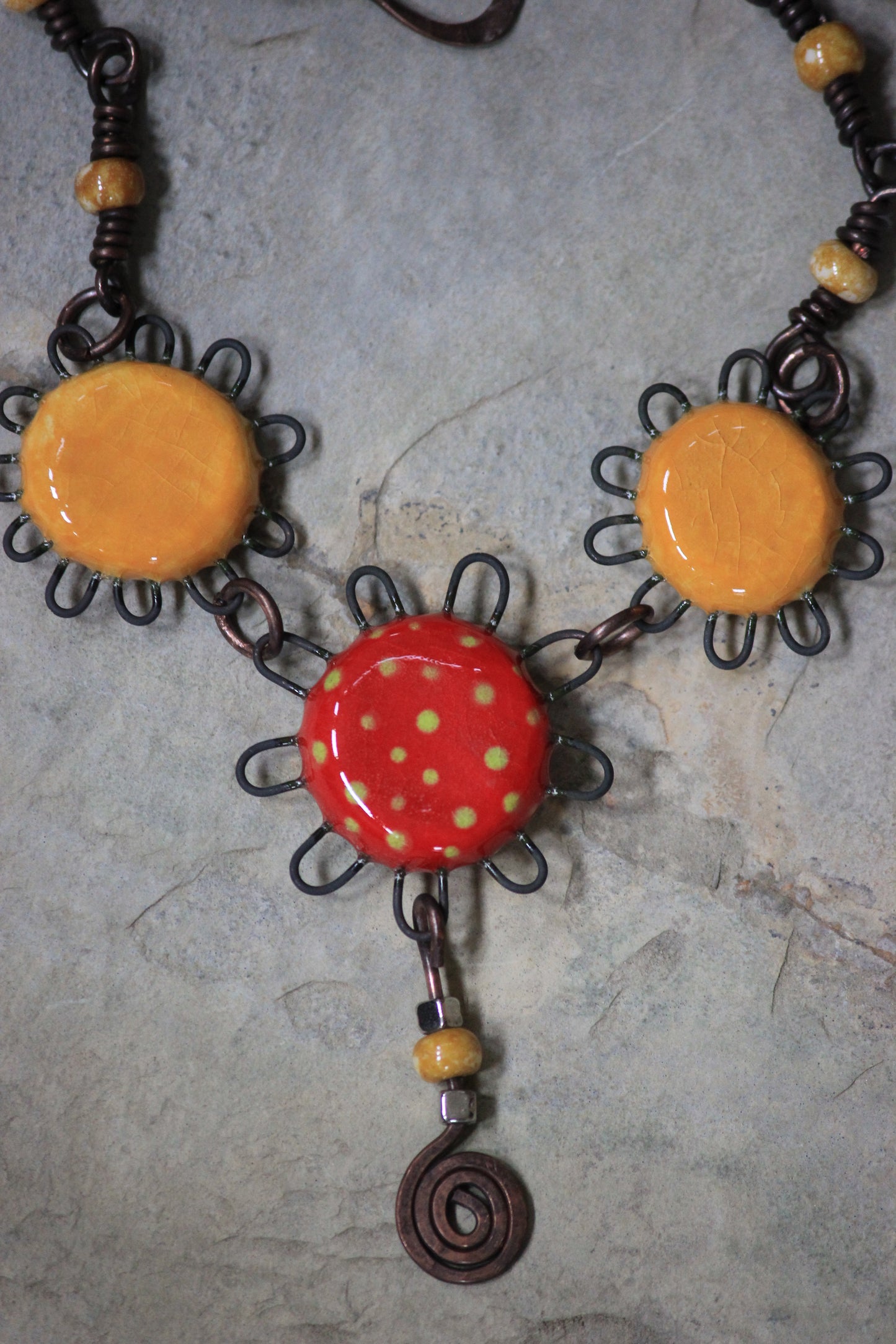 Copper and Porcelain Red and Yellow Flower Bud Necklace
