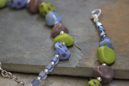 Porcelain Blue, Chartreuse and Beige Beaded Nugget Necklace