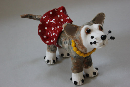 Brindle Dog in Skirt and Pearls Dog Sculpture