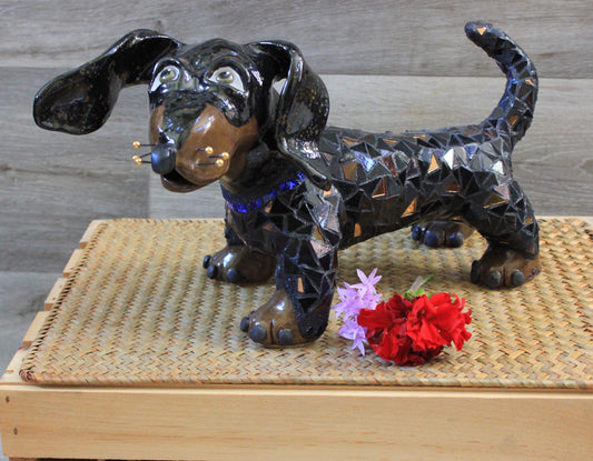 Ceramic Doxie Dog Tabletop Sculpture in Glass Tile Mosaics