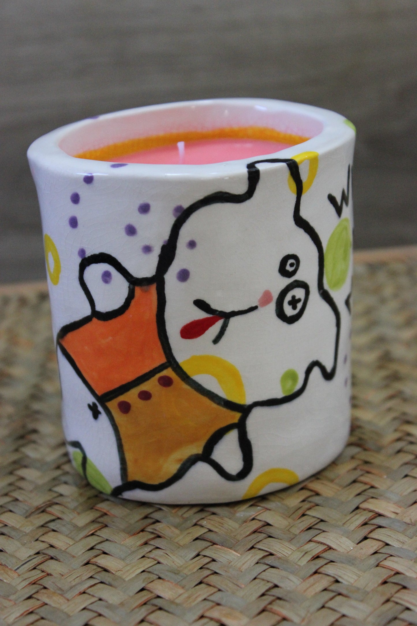 Animated Dog Drawing Scented Tabletop Candle in Ceramic Hand Crafted Vessel