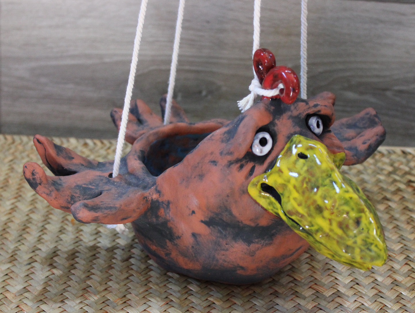 Ceramic Chicken Sculpture Plant Holder with Hanging Macrame
