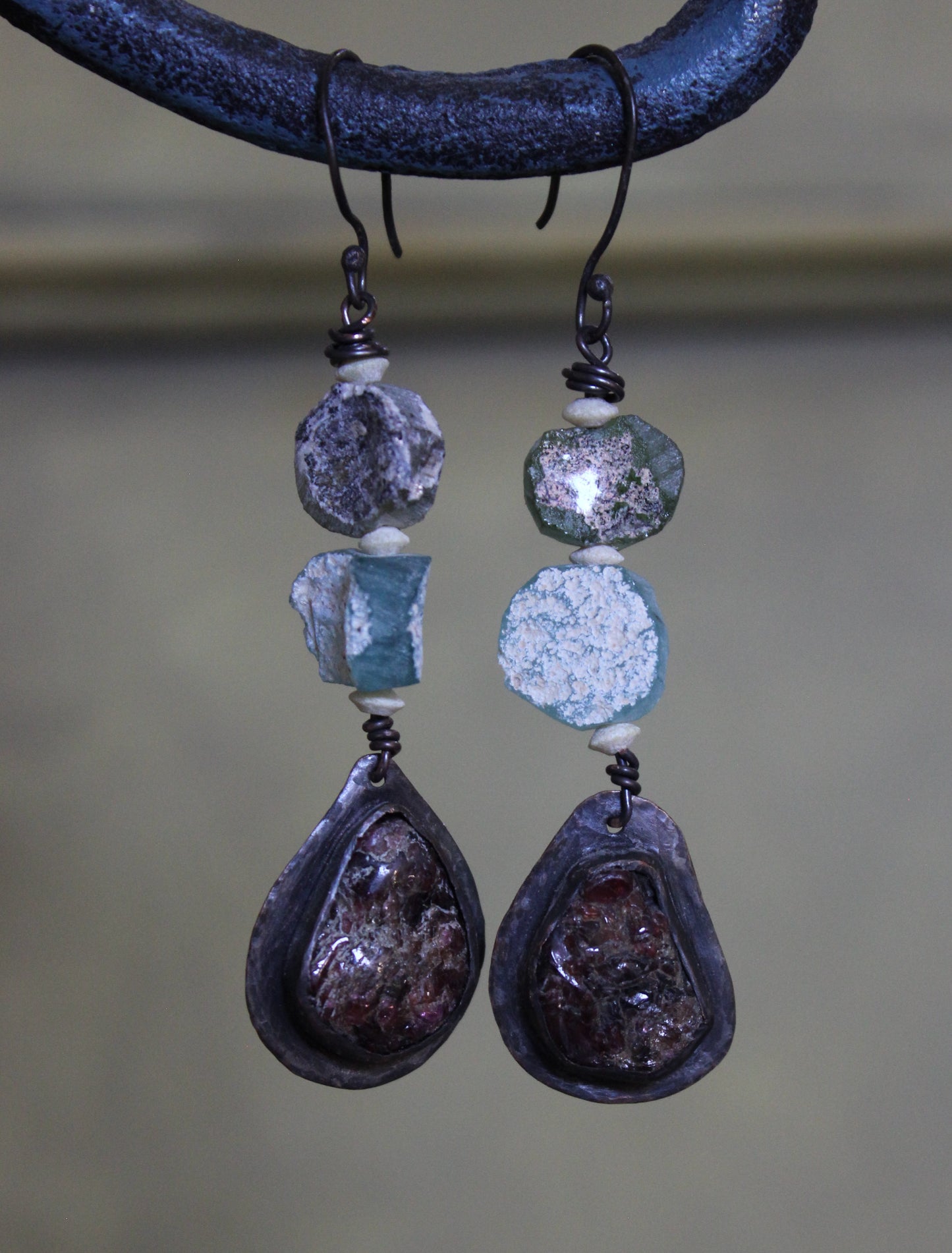 Beach Rustic Glass and Gemstone Dangle Earrings
