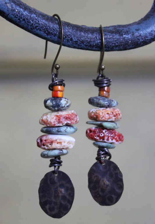 Handmade Copper, Jasper, Turquoise and Spondylids Beaded Dangle Earrings