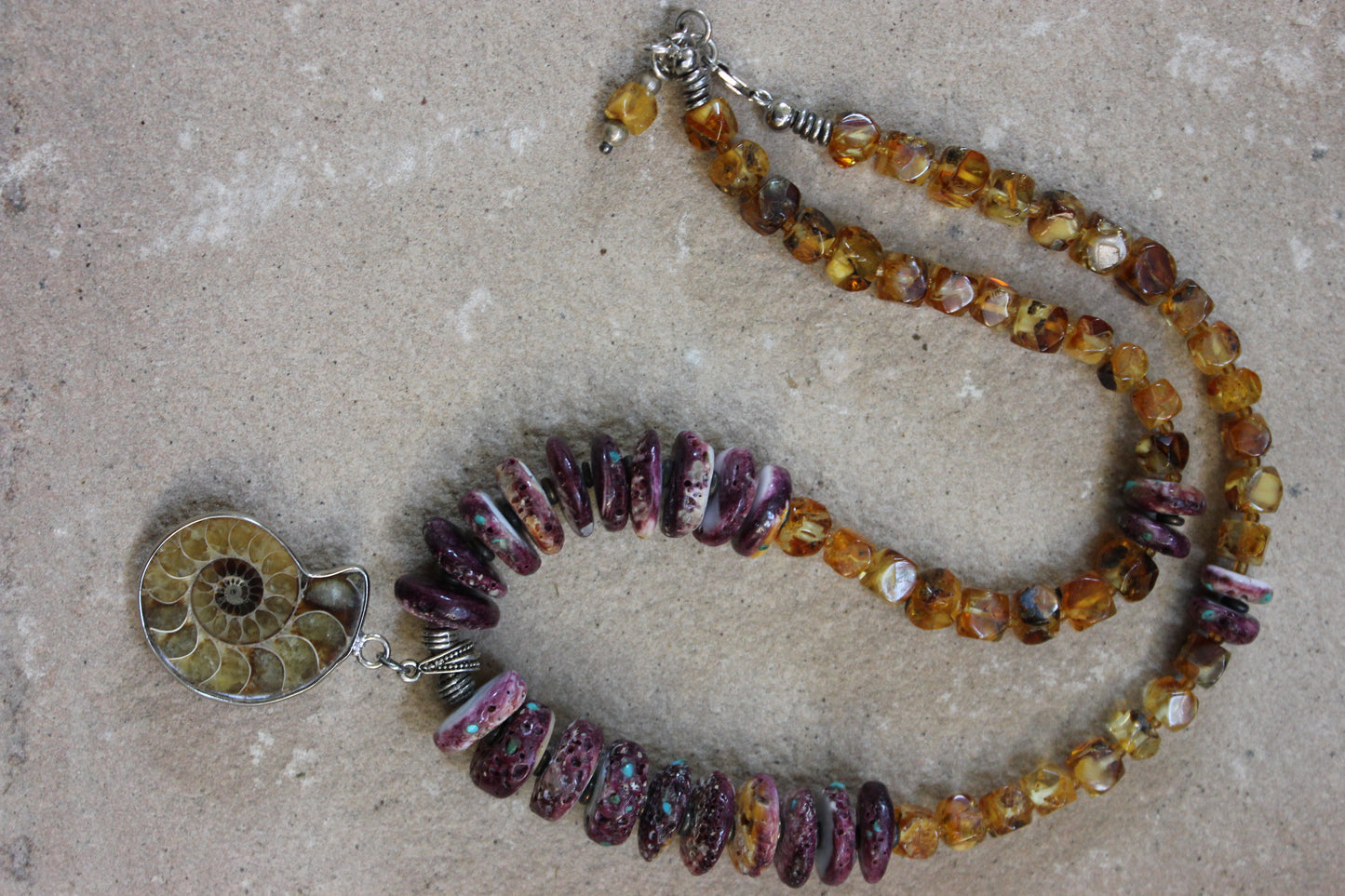 Amber, Ammonite, Spondylus Beaded Necklace