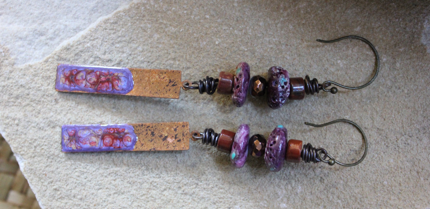 Spiny Oyster and Copper Earrings with glass and Picasso Jasper beads Incorporated