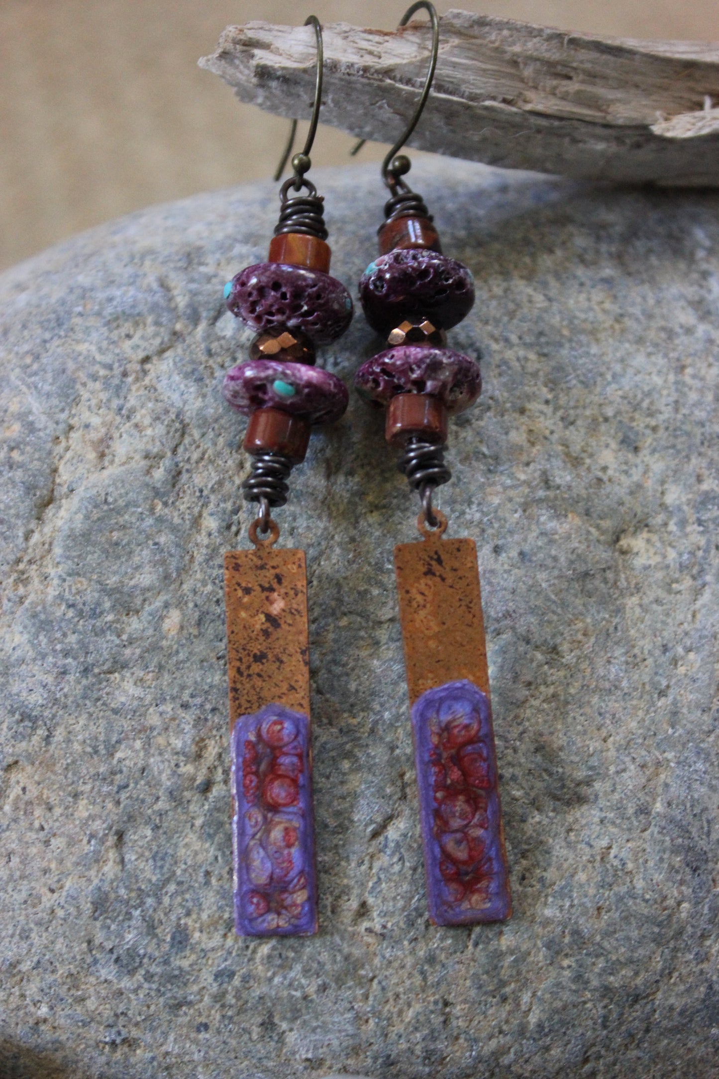 Spiny Oyster and Copper Earrings with glass and Picasso Jasper beads Incorporated