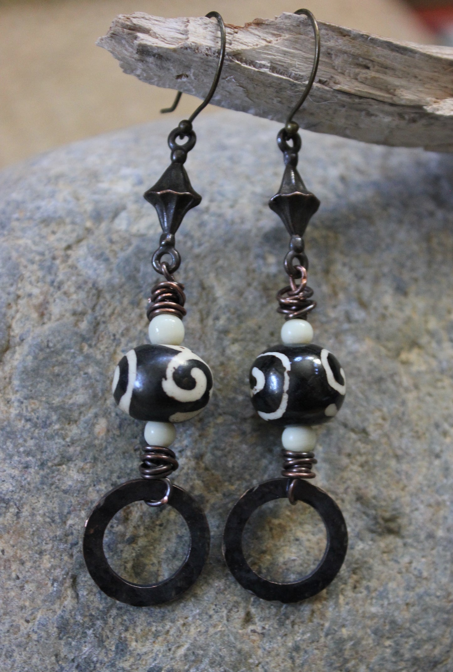 Black & White Colored Bone Bead Copper and Glass Beaded Earrings