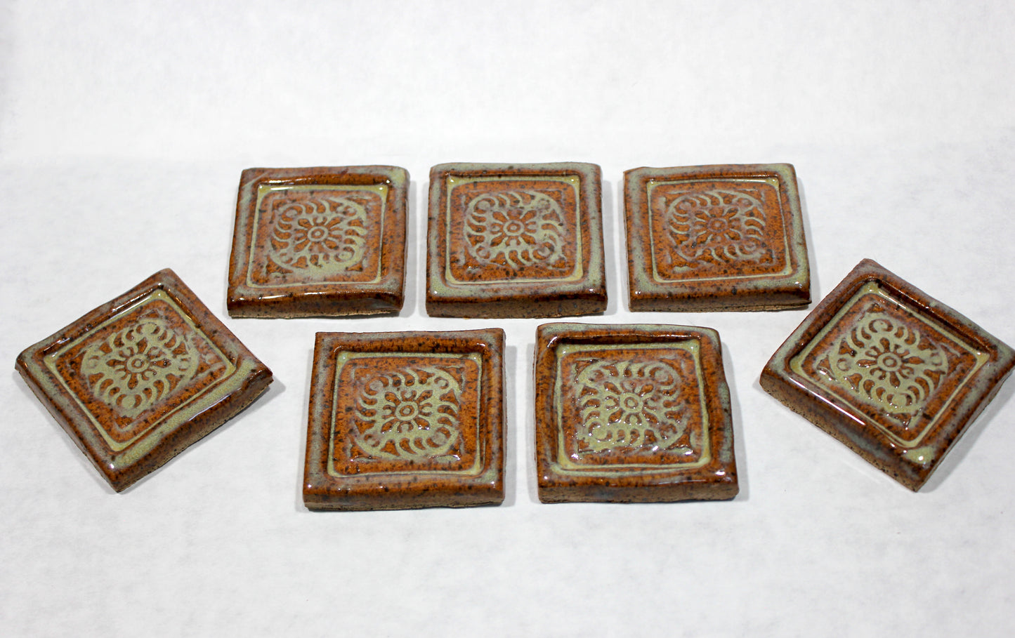 Art Nouveau Raised Patterned Creamy Brown and Light Green Tile Set