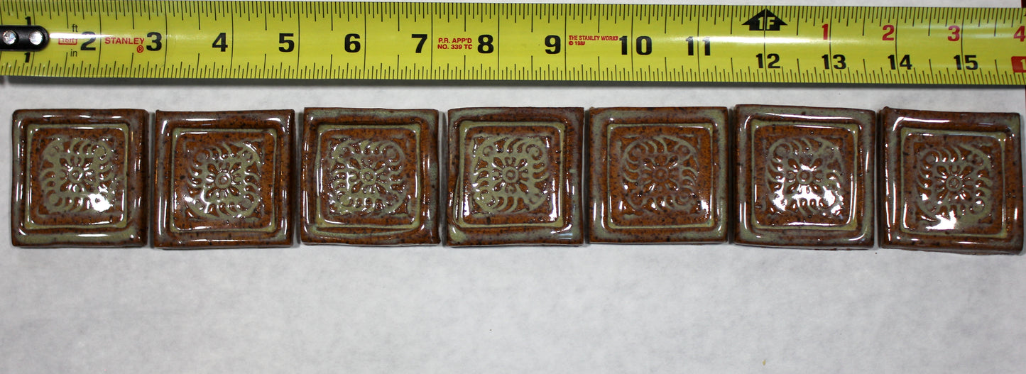 Art Nouveau Raised Patterned Creamy Brown and Light Green Tile Set