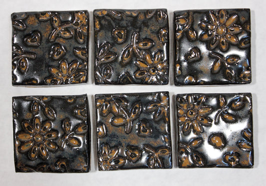 Dark Brown with Golden Highlights Flower Stamped Tile