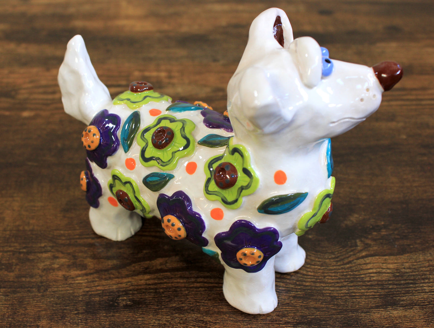Standing White Dog Sculpture with Nature Themed Body