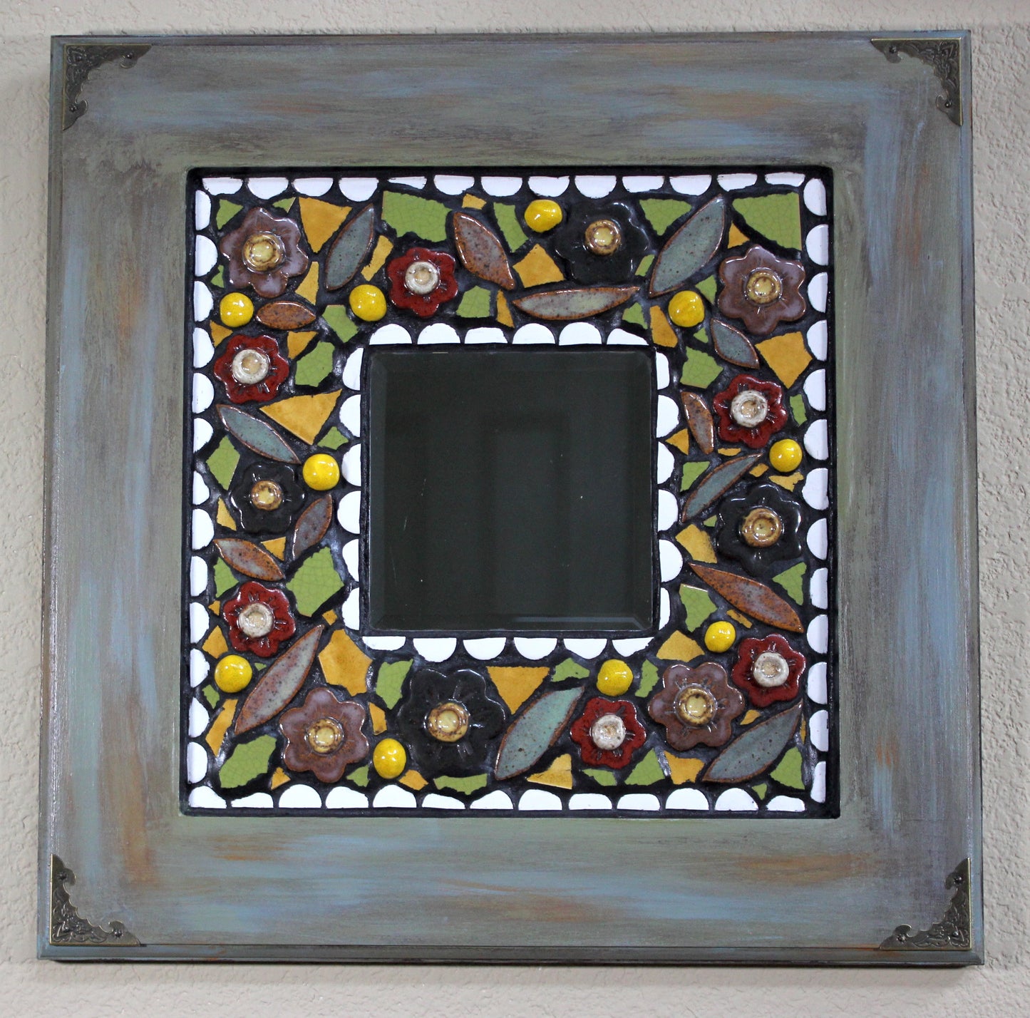 Green Wood Frame Small Beveled Mirror in Flower Mosaics