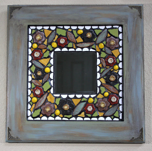 Green Wood Frame Small Beveled Mirror in Flower Mosaics