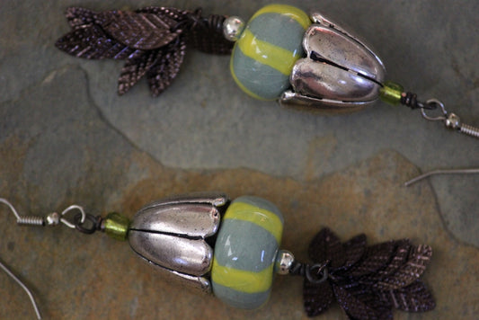 Small Dangle Chartreuse & Yellow Striped Porcelain Bead Earrings