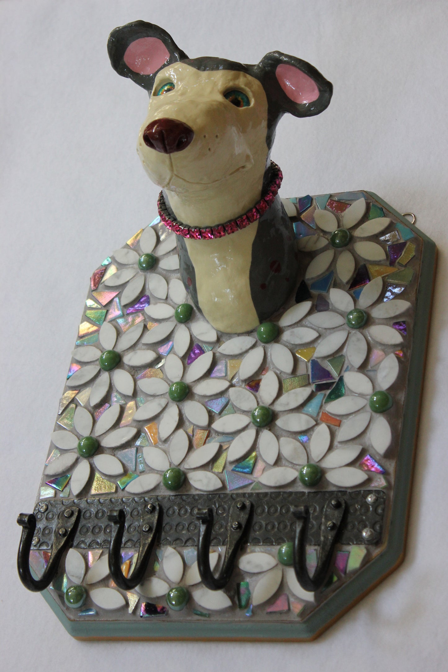 Ceramic Grey and White Dog Leash Holder and Flower Mosaic Wall Art