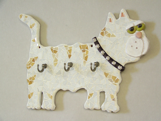 Ceramic White and Tan Cat Mosaic Tile Wall Organizer and Home Decor