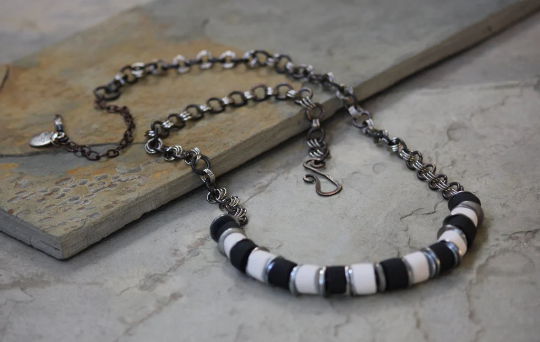 Black and White Porcelain and Copper Beaded Necklace