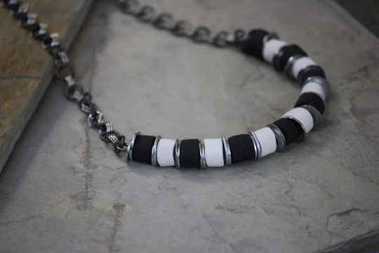 Black and White Porcelain and Copper Beaded Necklace