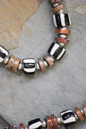 Whimsical and Rustic Mix Style Black and White Striped Porcelain Beaded Adjustable Necklace