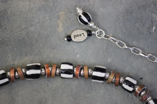 Whimsical and Rustic Mix Style Black and White Striped Porcelain Beaded Adjustable Necklace
