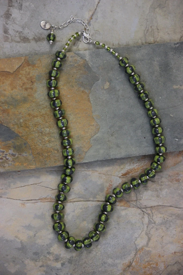 Green and Grey Striped Beaded Porcelain Necklace