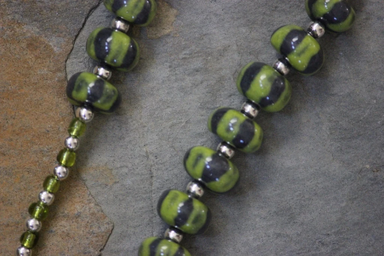 Green and Grey Striped Beaded Porcelain Necklace