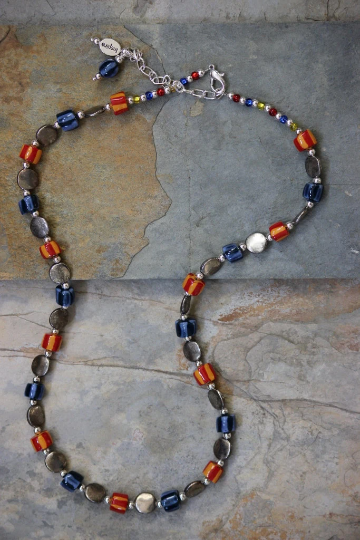Multi Color Porcelain Beaded Necklace with Silver Plated Beads