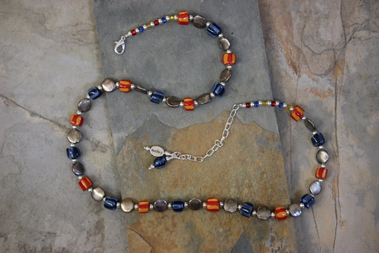 Multi Color Porcelain Beaded Necklace with Silver Plated Beads