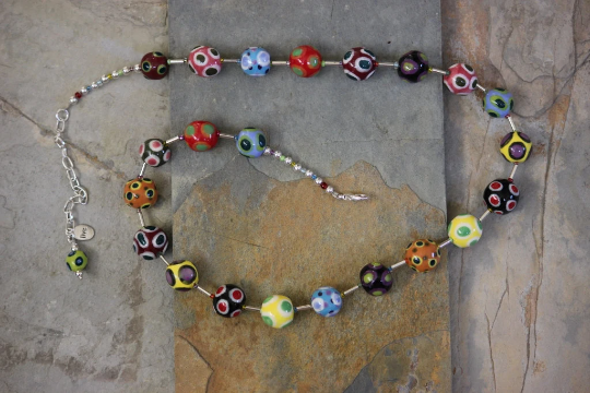 Multicolor Polka Dotted Thick Porcelain and Mixed Media Beaded Necklace