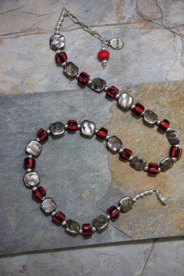 Black, Red & Silver Mixed Metal and Beaded Porcelain Necklace